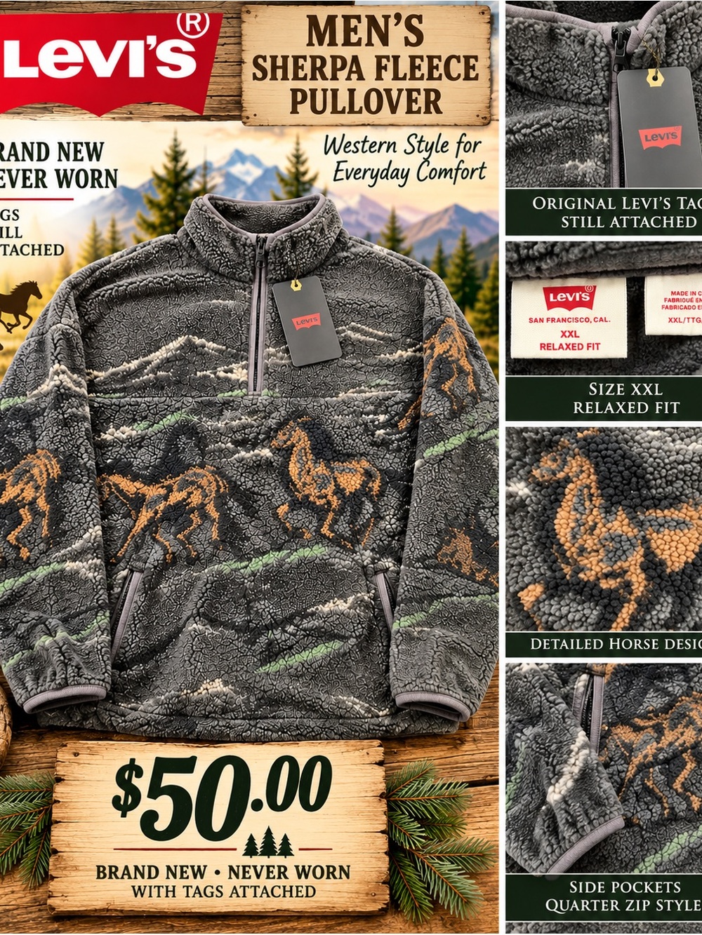 Levi's Gray Sherpa Fleece Pullover with Brown Horse Print